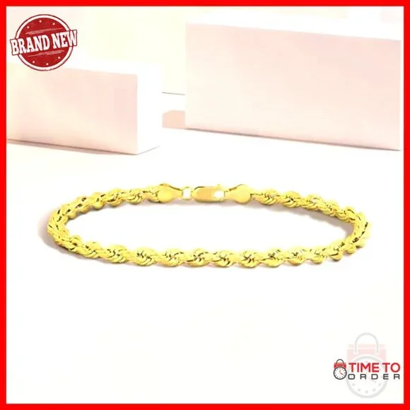 10K Gold Rope Chain Bracelet, 9 Inch, 5MM Width, Lightweight, Lobster Claw Clasp